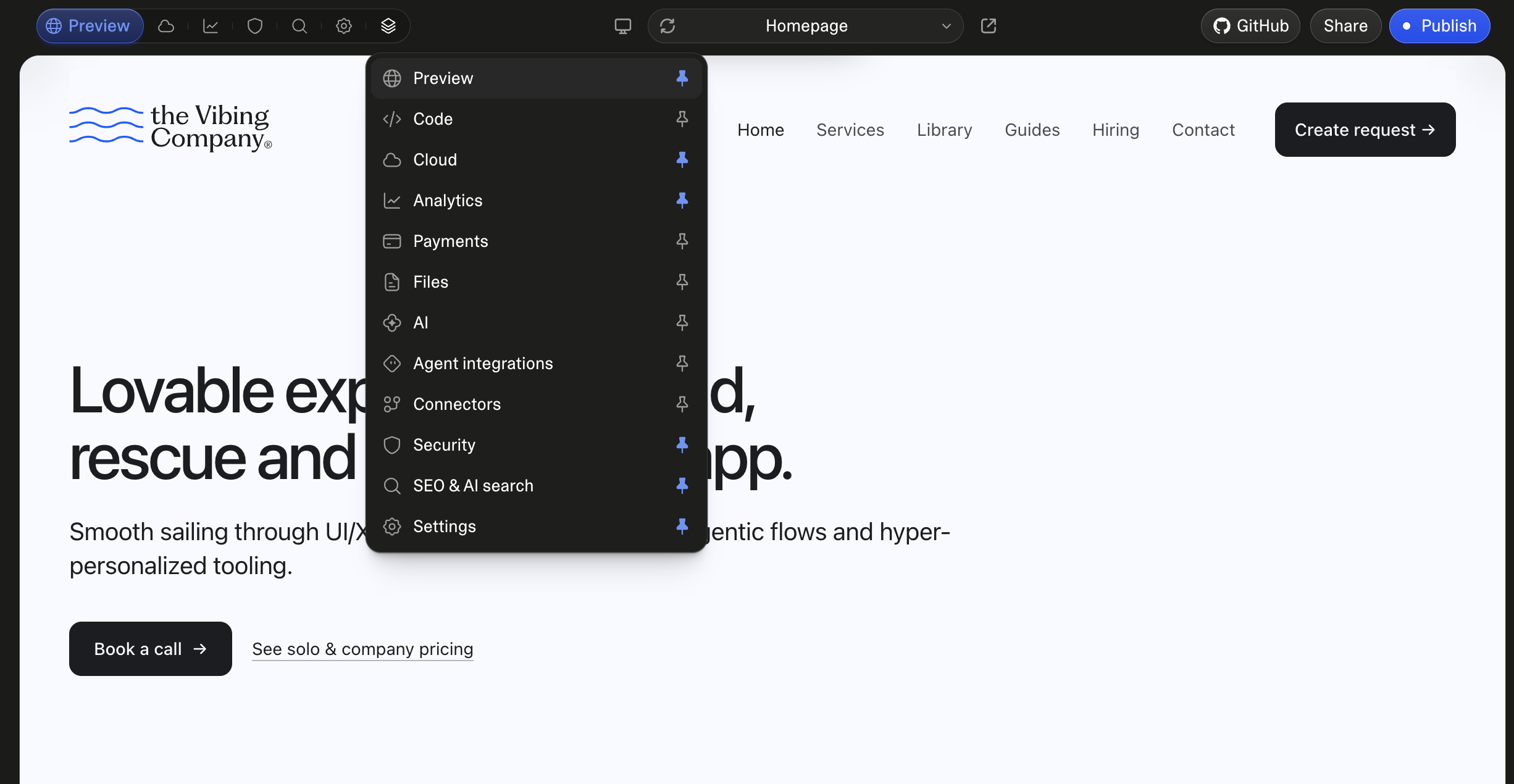 Easy Lover running in Lovable, with the More menu open, pin controls beside project pages, customized toolbar shortcuts, and a GitHub shortcut beside Share