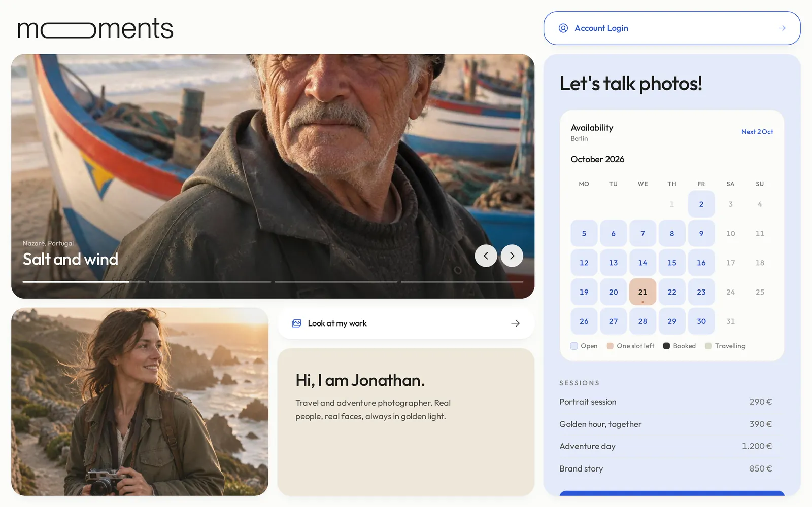 moooments home page with recent stories, an availability calendar and session prices