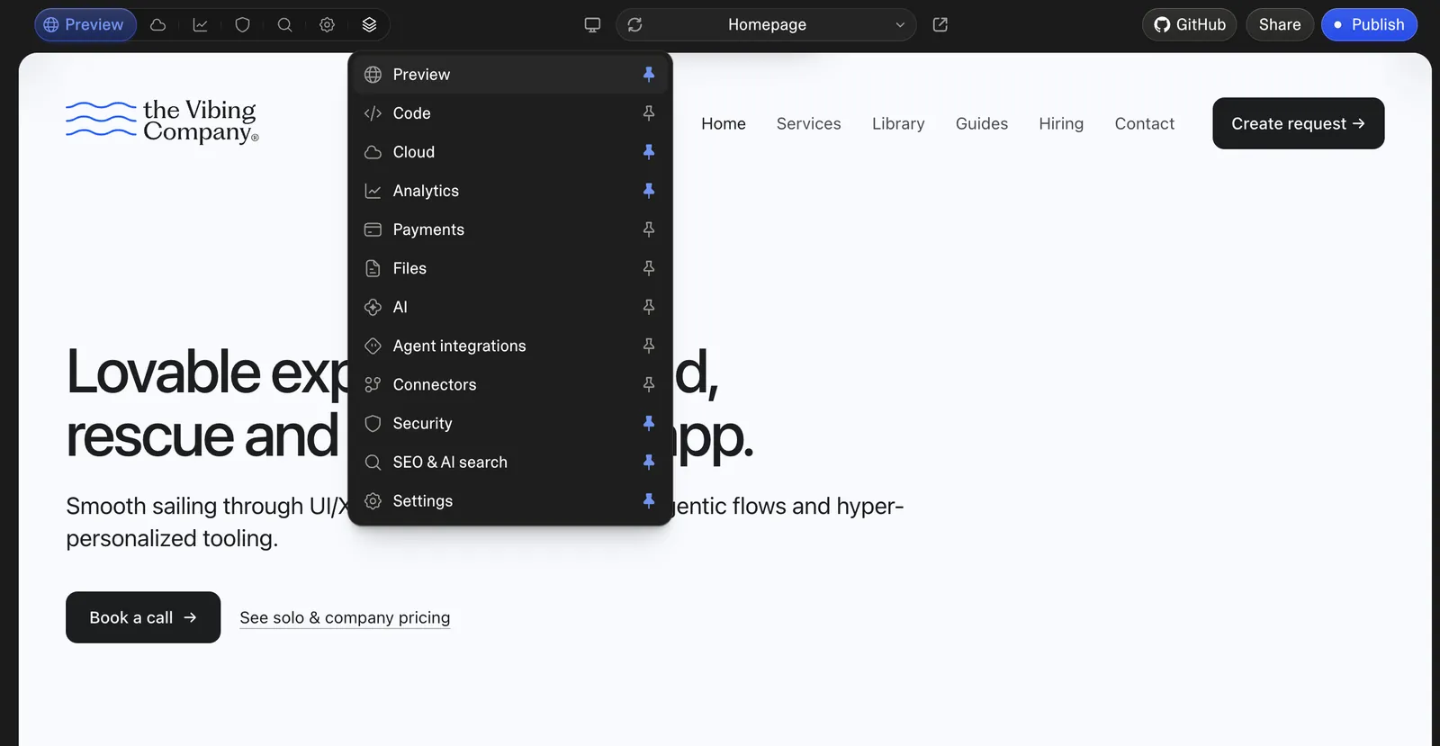 Easy Lover open inside the Lovable editor, with pinned toolbar pages