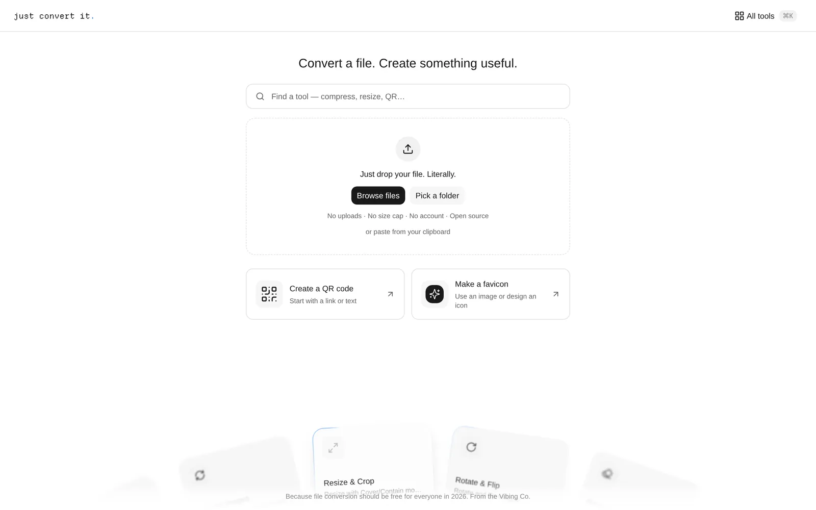 Just Convert It home page: drop a file, or pick a tool