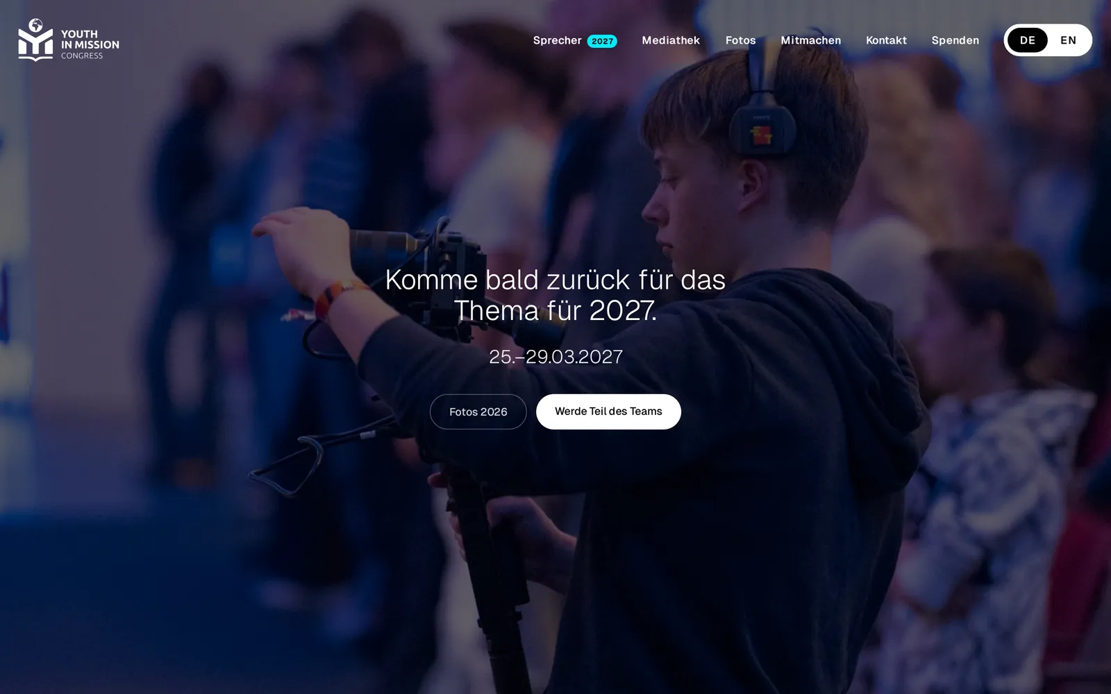 Youth in Mission Congress home page with the 2027 dates over a photo of the audience