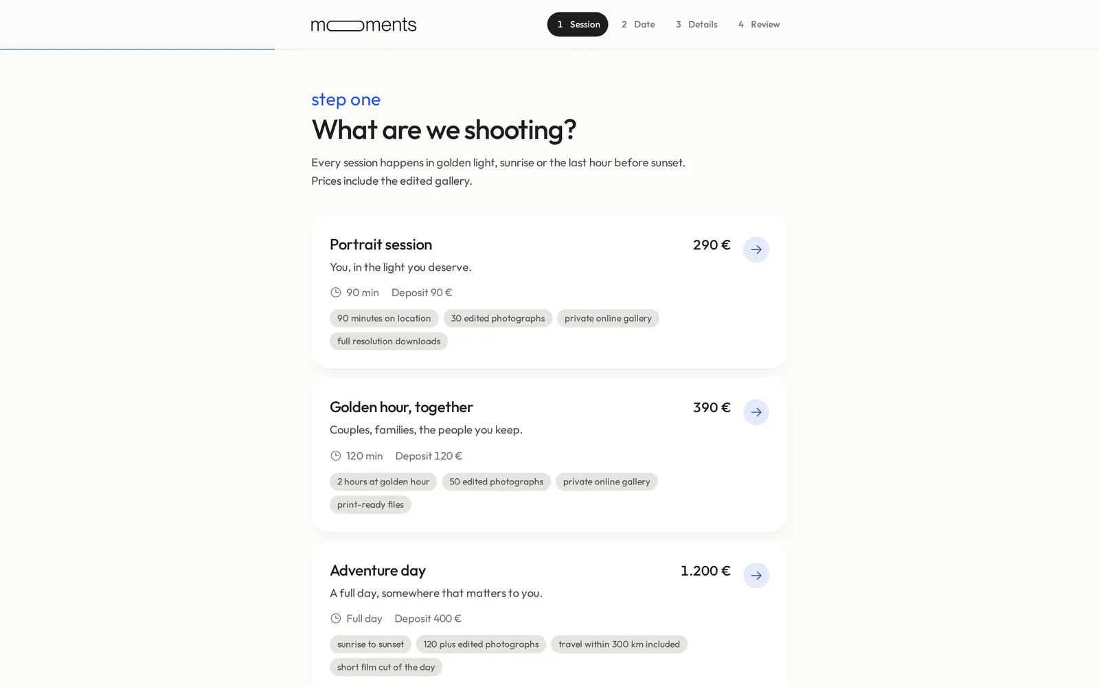 moooments booking flow, step one: choose a session