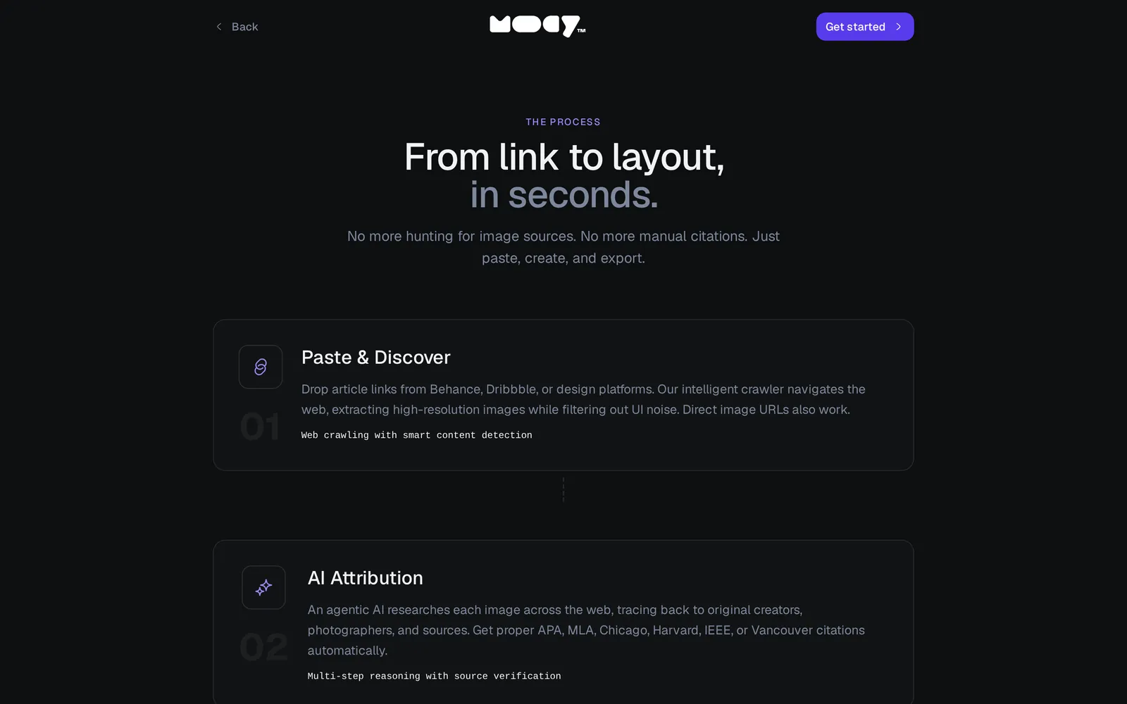 mooody How it works page: from link to layout in seconds