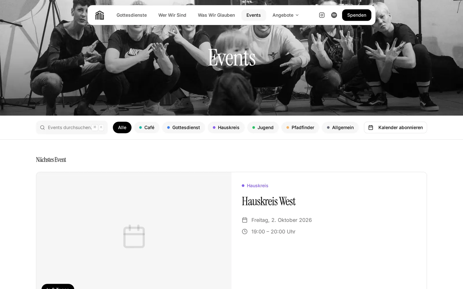Waldfrieden events page with category filters and the next event