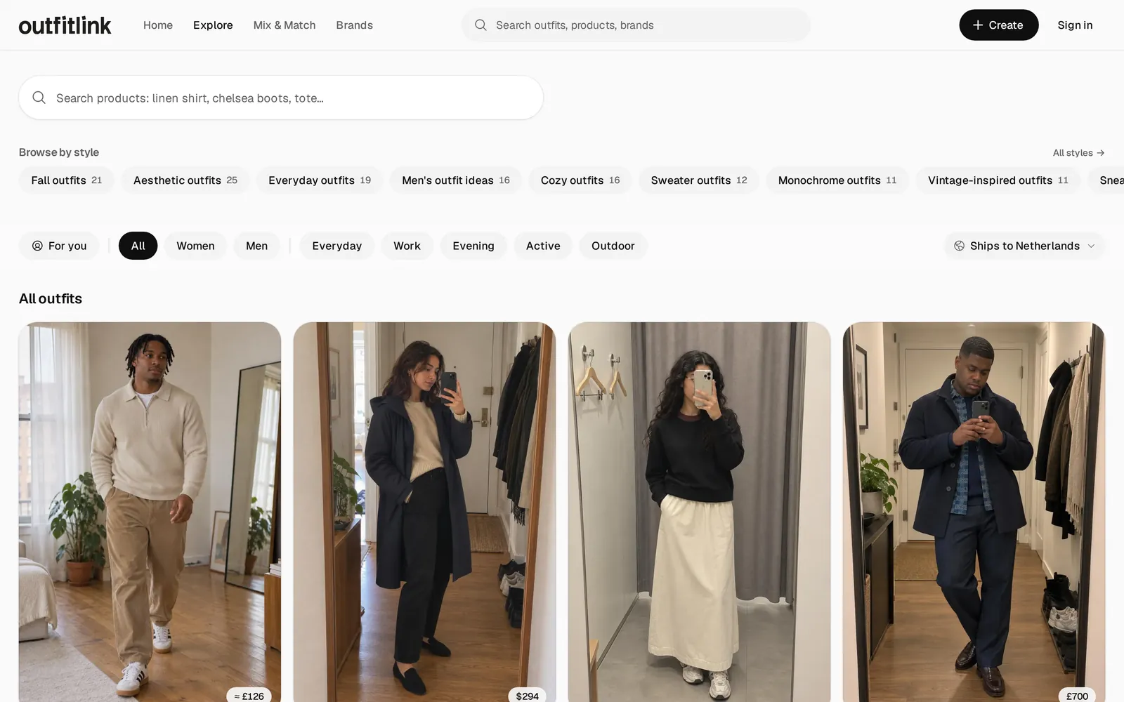 Outfitlink explore page with outfits filtered by style and occasion
