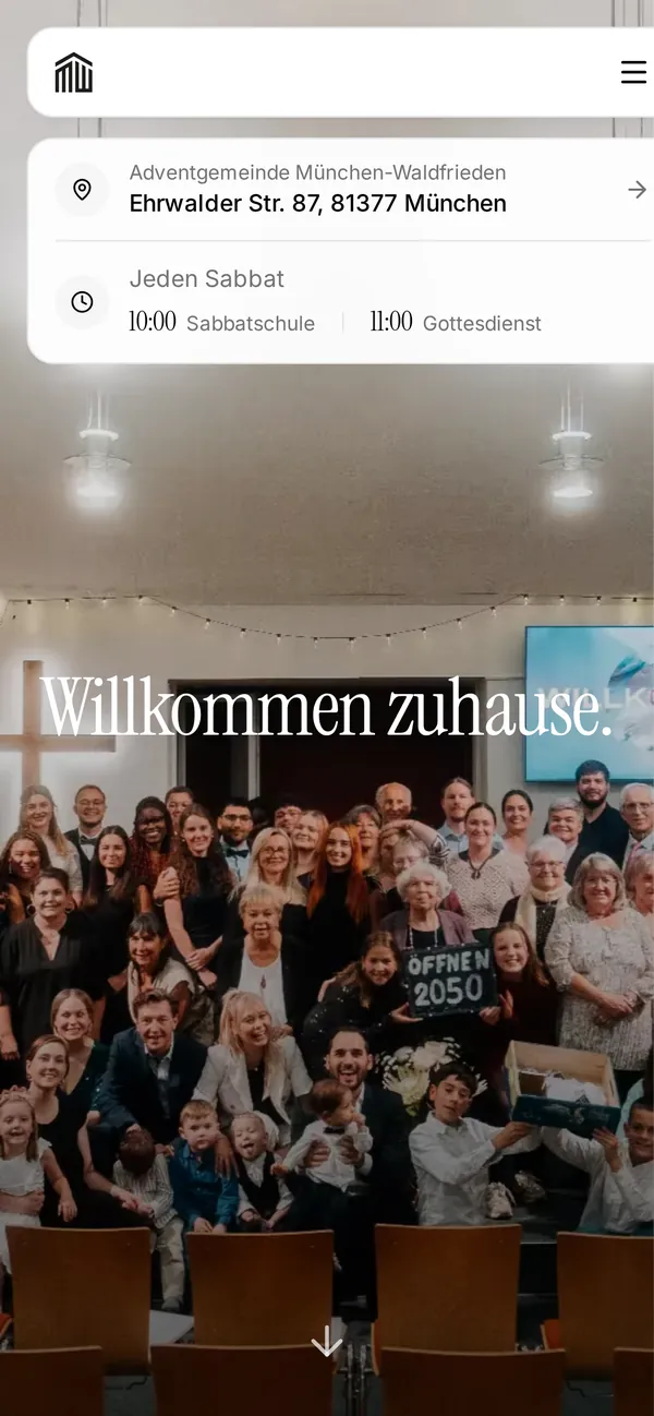 Waldfrieden on a phone with address and service times
